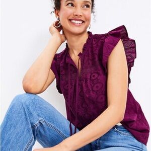 LOFT Deep Purple Eyelit Blouse with Ruffle Sleeves